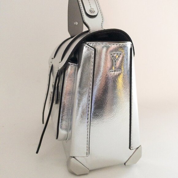 Michael Kors Manhattan Medium Metallic Satchel - Silver Adjustable Strap Logo - Picture 7 of 14